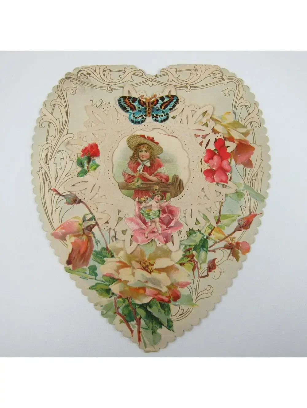 Antique Valentine Die cut Heart LARGE Girl Red Dress Hat Butterfly Cupid Flowers